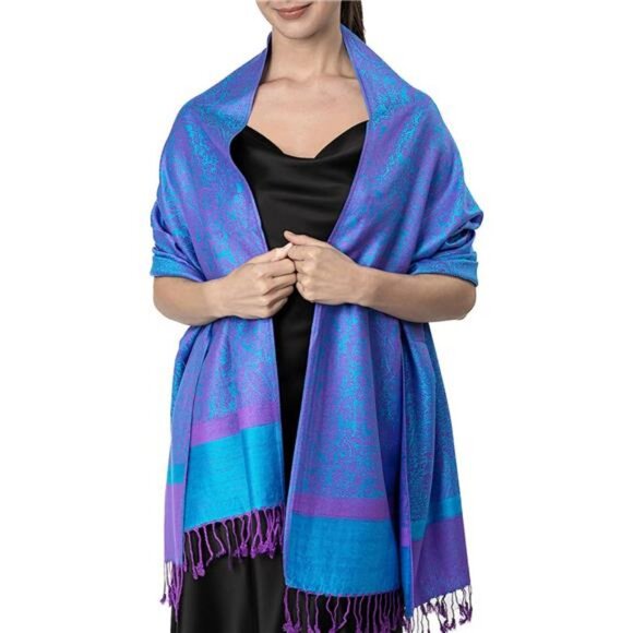 Two-Tone  Paisley Pashmina Scarf – Lightweight Blue Pink - Picture 1 of 6